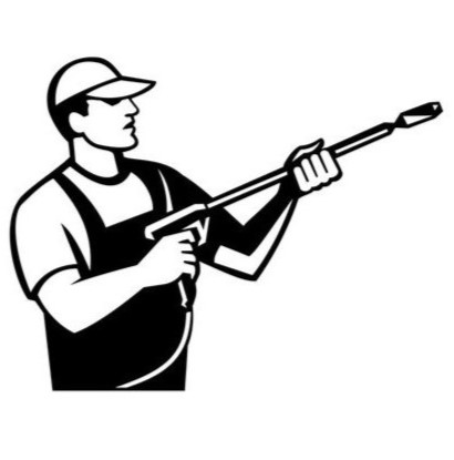 Illustration of a worker with water blaster pressure power washing sprayer spraying viewed from side done in retro black and white style.